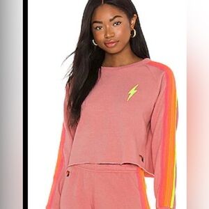 Aviator Nation Pink and Neon Stripe Cropped Sweatshirt Large